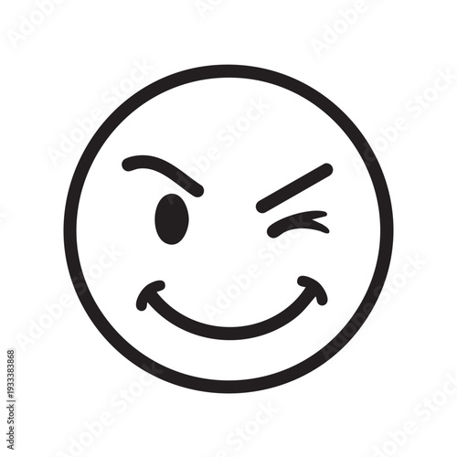 A black and white illustration of a smiling face with winking eyes and one eye closed, conveying a cheeky expression