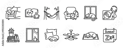 Set of black line art icons representing relaxation, comfort, and leisure, with symbols for sleeping, reading, music, and cozy home elements, isolated on a white background