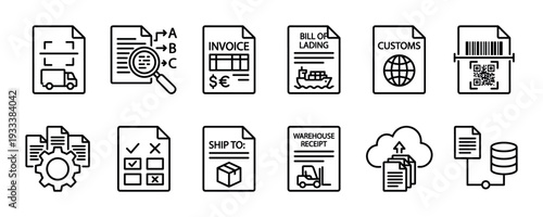 Logistics and supply chain line icon set showing shipping documents, freight tracking, customs, warehouse receipts, and invoice symbols, a vector collection isolated on white