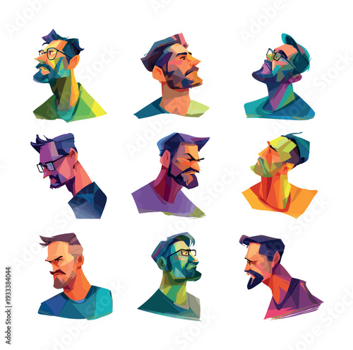 Male avatars low poly vector set. Character beard eyeglasses mustache man profiles guys anger evil emotions geometric patterns heads, people peeving thinking illustration isolated on white backdrop