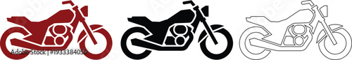 Three Motorcycle Icons In Red And Outline Styles On White bike motorbike