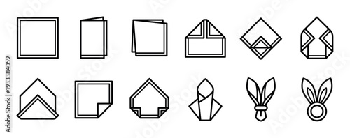 Step-by-step napkin folding instruction icon set showing how to make a bunny rabbit shape, a minimalist line art tutorial for Easter table decoration isolated on white background