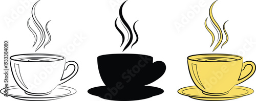Three Steaming Coffee Cups In Icon White And Yellow On White hot drink beverage