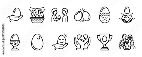 Set of black and white line icons illustrating eggs in various conceptual business situations like partnership, competition, fragility, and teamwork, in a clean minimalist style on white