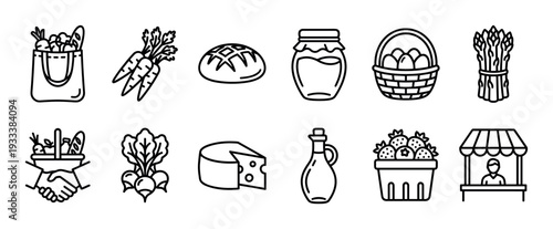 Black and white line art icon set representing a farmers market with fresh groceries like vegetables, bread, cheese, eggs, and fruit, isolated on a white background