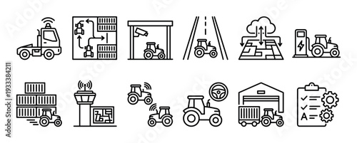 Autonomous agriculture and smart farming line icons representing agritech, precision farming, logistics, and automated vehicle technology in a minimalist vector style, isolated on white