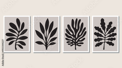 Four minimalist black and white botanical leaf artworks in framed display Vector illustration