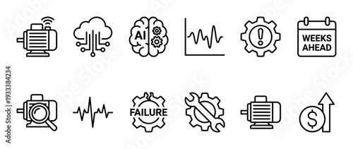 Industrial predictive maintenance thin line icon set with symbols for AI, IoT, failure analysis, and diagnostics isolated on a white background