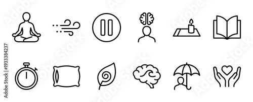 Mindfulness and mental health line icon set representing meditation, relaxation, self-care, and wellbeing concepts, drawn in a simple minimalist style isolated on a white background