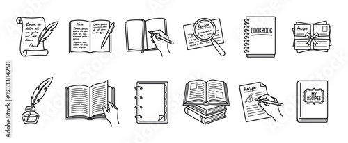Hand-drawn set of writing and cooking icons featuring cookbooks, recipes, notebooks, and a quill pen in a black line art doodle style on a white background