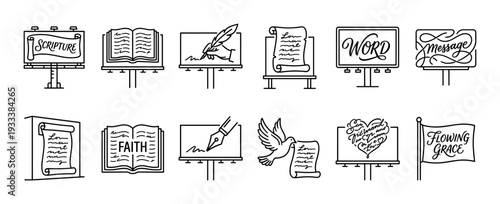 Collection of Christian faith themed icons in a minimal black line art style, including billboards, books, and a dove with scripture messages, isolated on a white background