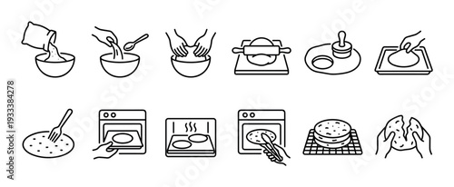 Baking and cooking instruction icons set illustrating the step-by-step process of preparing dough and making bread or pie, isolated on a white background