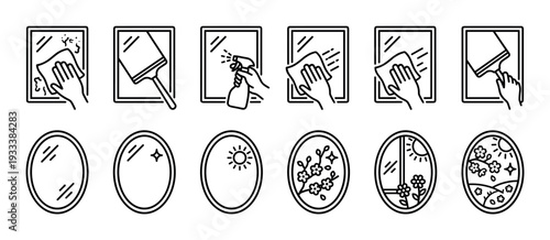 Window and mirror cleaning process icons set showing washing steps with squeegee, spray, and cloth, illustrating dirty to sparkling clean glass surfaces isolated on white