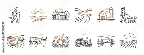 Set of twelve rural farm icons in a minimalist line art style showing countryside life with a tractor, barn, cows, and fields isolated on a white background