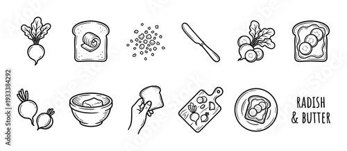 Hand-drawn radish and butter toast icon set showing recipe ingredients like bread, salt, and knife in a minimalist black and white doodle style, isolated on a white background