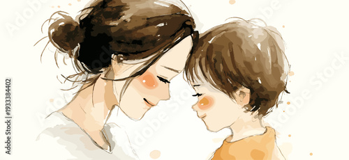Watercolor illustration depicting a mother embracing her happy child with warmth and care. Mother and child smiling showing love and connection