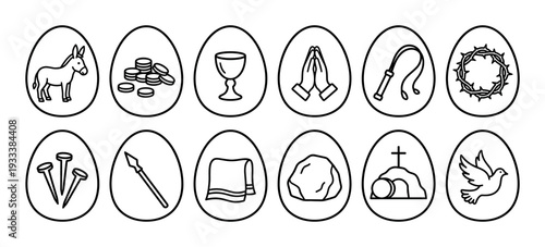 Christian Easter story icons set depicting passion symbols in a simple black and white line art style inside egg shapes, isolated on a white background