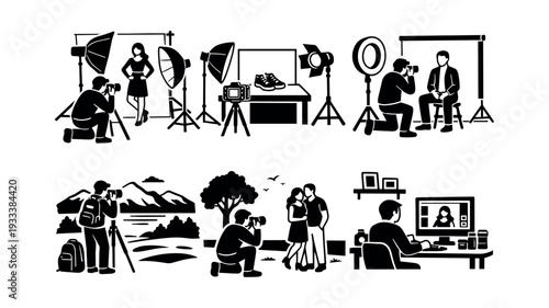 Photographers capturing portraits, products, landscapes, and couples, then editing photos on computer. Various photography processes