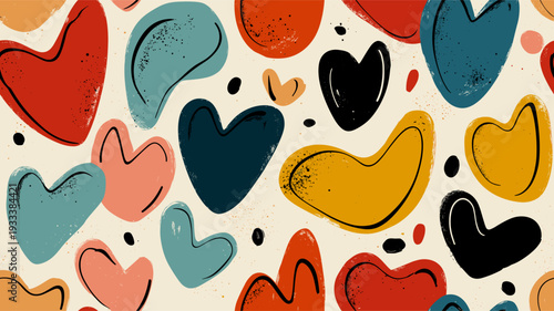 Hearts in a cute retro doodle style creating a vibrant seamless pattern. Seamless heart pattern representing love and romance