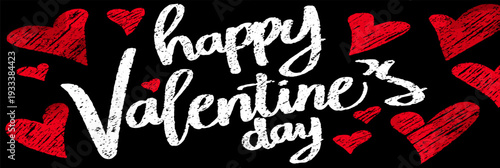 White handwritten Happy Valentines Day text surrounded by red hearts on a black background. Happy Valentines Day greeting text with red hearts