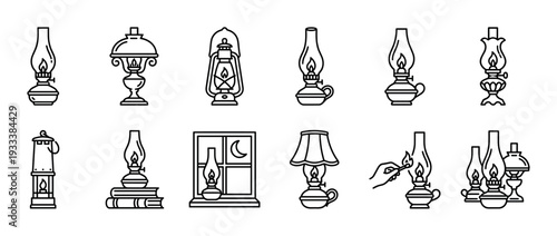 Set of vintage kerosene lamp icons in a simple black outline style showing various antique oil lanterns and classic lighting equipment, isolated on a white background