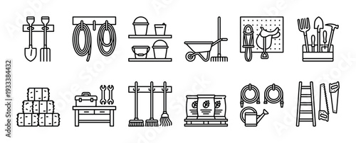 Gardening and farming tools line icon set with various equipment like a shovel, wheelbarrow, hose, and ladder, presented in a clean minimalist vector style isolated on white