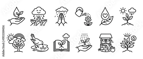 Set of black thin line art icons representing water, nature, growth, and environmental care, featuring symbols like a sprout, rain, watering can, and praying hands, in a minimalist style