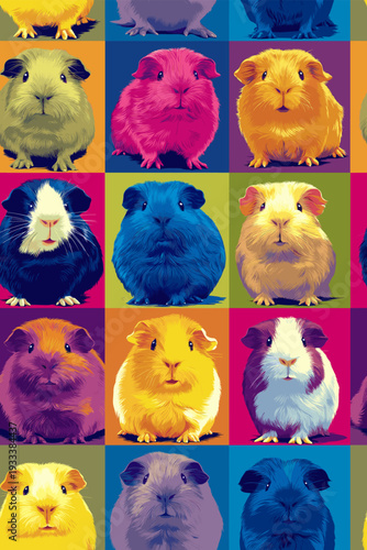 Nine cute guinea pigs in a colorful pop art distinct grid pattern. Pop art guinea pig distinct pet portraits grid