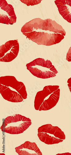 Red lipstick kiss marks covering a cream textured paper surface, creating a playful pattern. Red lipstick kiss marks seamless pattern on textured paper