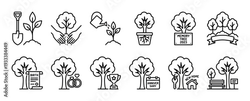 Memory tree life event line icon set showing planting and growth for special occasions like birth, wedding, and anniversary, isolated on a white background