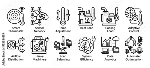 HVAC and smart automation line icon collection illustrating concepts like temperature control, sensor networks, and system efficiency in a minimalist outline style isolated on white