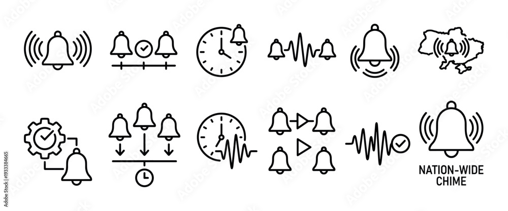 Fototapeta premium Set of black line icons representing alarms, notifications, and nation-wide alerts with bells, clocks, sound waves, and a map outline, isolated on a white background