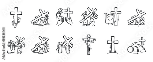 Stations of the Cross icon set showing the passion, crucifixion, and resurrection of Jesus in a minimalist black and white line art style, isolated on a white background