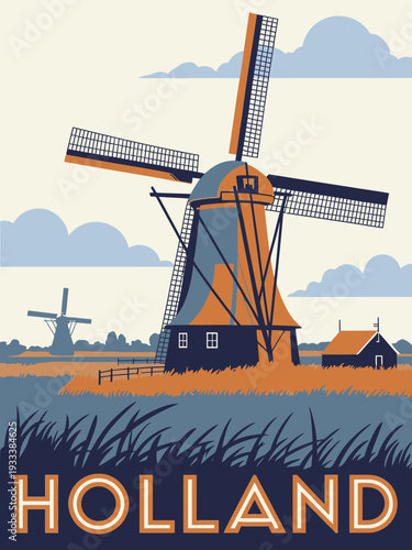 Vintage Holland Travel Poster, Retro Netherlands Tourism Illustration Featuring Windmills, Tulip Fields, and Scenic Dutch Landscape in Classic European Travel Advertisement Style