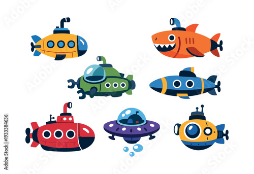 Cartoon collection of playful submarines, an alien spaceship, and a shark-shaped vehicle, depicting underwater adventure and exploration