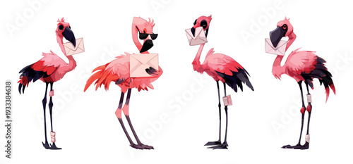 Pink flamingo cartoon vector set. Bird flying feather soaring paper mail black wing tips beaks holding white envelopes dark leg bandages characters isolated artwork on blank backdrop