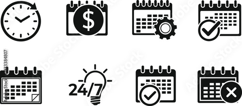 Black and white vector icon set featuring calendar symbols for scheduling, time management, 24/7 service bulb, payment deadlines, project planning, and appointment confirmation tasks.