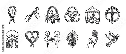 Set of twelve hand drawn Christian icons for Palm Sunday and Holy Week celebrations, featuring palm fronds, crosses, a dove, and people in a minimalist line art style isolated on white