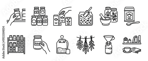Black line art icon set illustrating tea and herbal themes like storage, preparation, and brewing, presented in a simple, minimalist vector style isolated on white
