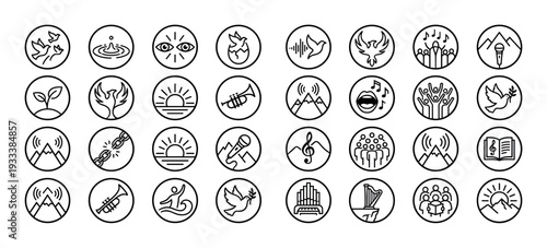 Large set of Christian worship icons in a minimalist line art style with symbols for music, praise, community, and faith, all enclosed in circles on a white background
