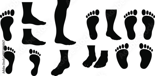 Black human footprint and bare foot silhouette set with leg profiles and anatomical sole marks isolated on white background for health and podiatry design