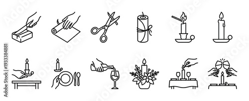 Set of black line art icons showing romantic dinner preparation steps like wrapping gifts, lighting candles, and pouring wine, presented in a minimalist style isolated on a white background