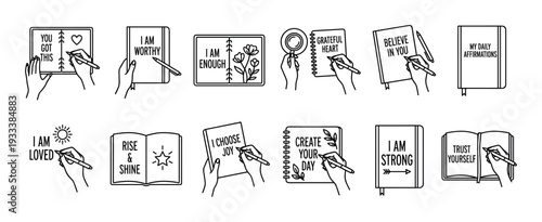 Set of hand-drawn line art icons showing hands writing positive affirmations in journals and notebooks, a minimalist vector collection for mental health and self-care concepts isolated on white