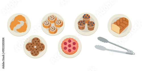 Assortment of baked goods and pastries on plates with serving tongs, ideal for breakfast, snack, or dessert concepts