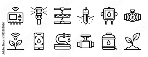 Smart irrigation and gardening outline icon set with sprinkler, sensor, timer, and drip system elements for smart farming and agriculture, isolated on a white background