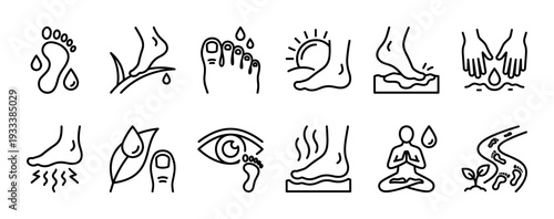 Set of foot care and wellness line icons showing concepts like podiatry, hygiene, spa, reflexology, and relaxation in a minimalist outline style isolated on white