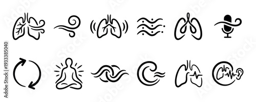 Set of black line art icons representing breathing, lungs, meditation, and sound, a collection of minimalist symbols for health and wellness concepts isolated on a white background