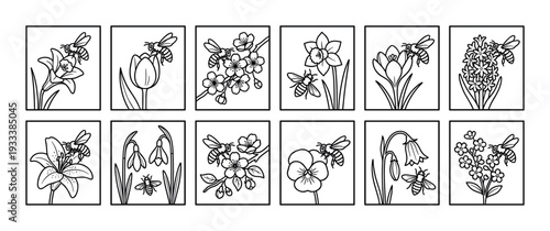 Set of twelve black and white icons showing bees pollinating various spring flowers like tulips, daffodils, and crocuses in a simple line art style, isolated on a white background
