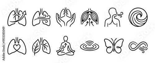 Breathing and lung health line icon set with symbols for respiration, meditation, wellness, and mindfulness, drawn in a clean minimalist outline style and isolated on white
