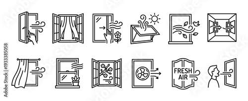 Fresh air and ventilation line icon set showing open windows, airflow, and breathing concepts in a minimalist black and white vector style isolated on a white background